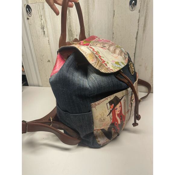 Michael Michelle Hand Painted Denim Backpack Floral NWT Paris Print Handbag - Picture 4 of 13